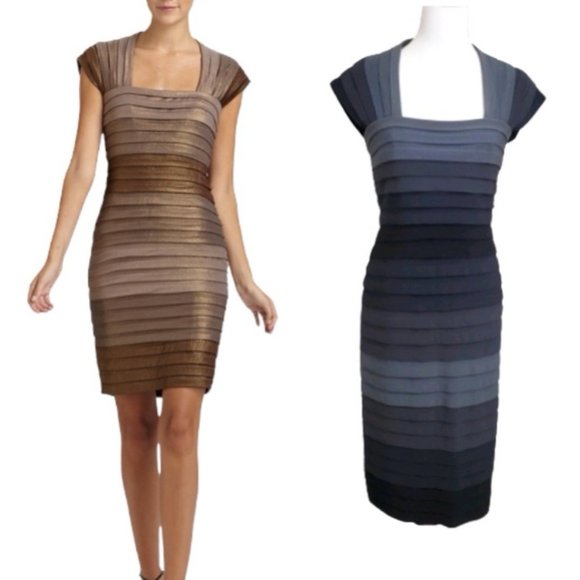 Tadashi Shoji Dresses & Skirts - Tadashi Shoji Shutter Pleat Grey Black Ombre Square Neckline Sheath Dress Medium